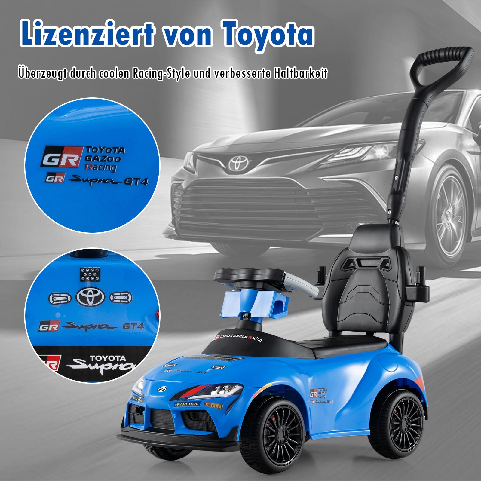 GOPLUS Samochód przesuwny 3 w 1, Toyota z ukrytym schowkiem i muzyką, pojazd ślizgowy z drążkiem przesuwnym, pojazd dziecięcy do użytku wewnątrz i na zewnątrz, dla dzieci w wieku 18-60 miesięcy