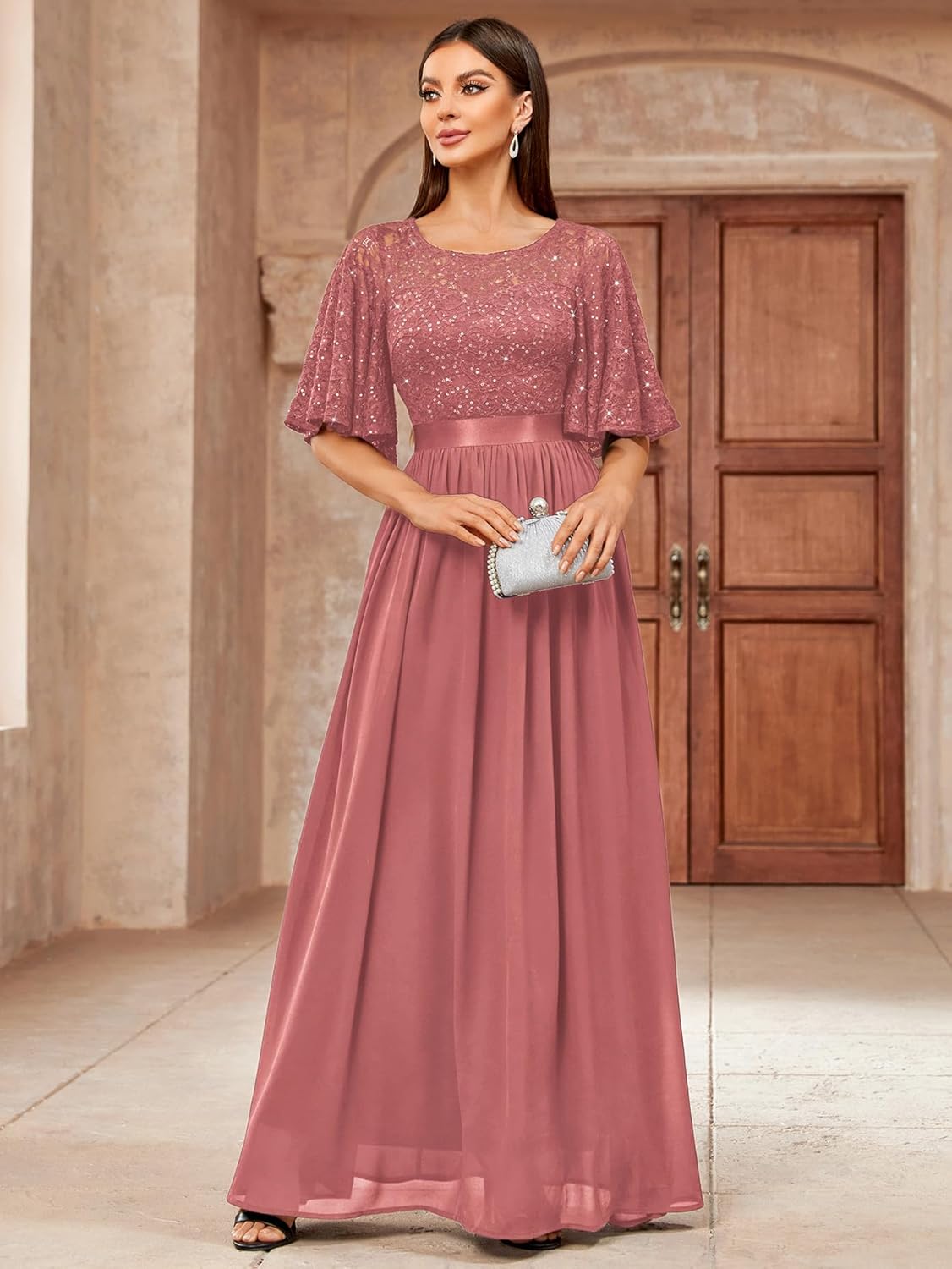 Miusol Women's Elegant Sequin Lace Butterfly Sleeve Formal Evening Maxi Dress - Image 3