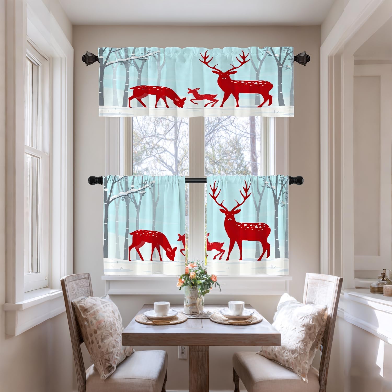 Red Festival Christmas Kitchen Valances for Windows,White Deers Blackout Valances Curtains Multilayer Polyester Drapes for Kitchen Bedroom 1 Pack 52X18 Inches