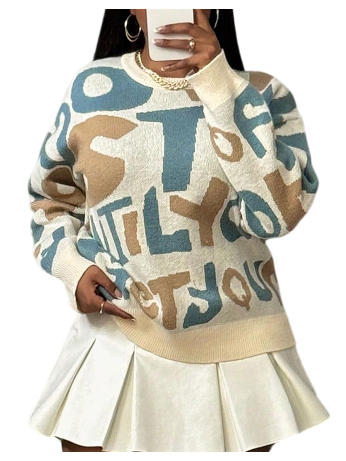WDIRARA Womens Letter Graphic Sweaters Crew Neck Long Sleeve Pullover Knit Tops