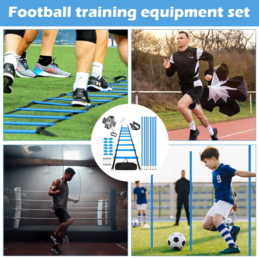 CEWROM Slalomstangen Fussball Trainingszubehör mit 6 Slalom Poles, 12 Hütchen, Koordinationsleiter 6m, Springseil und Resistance Fallschirm, Fußball Trainingsset für Koordinationstraining