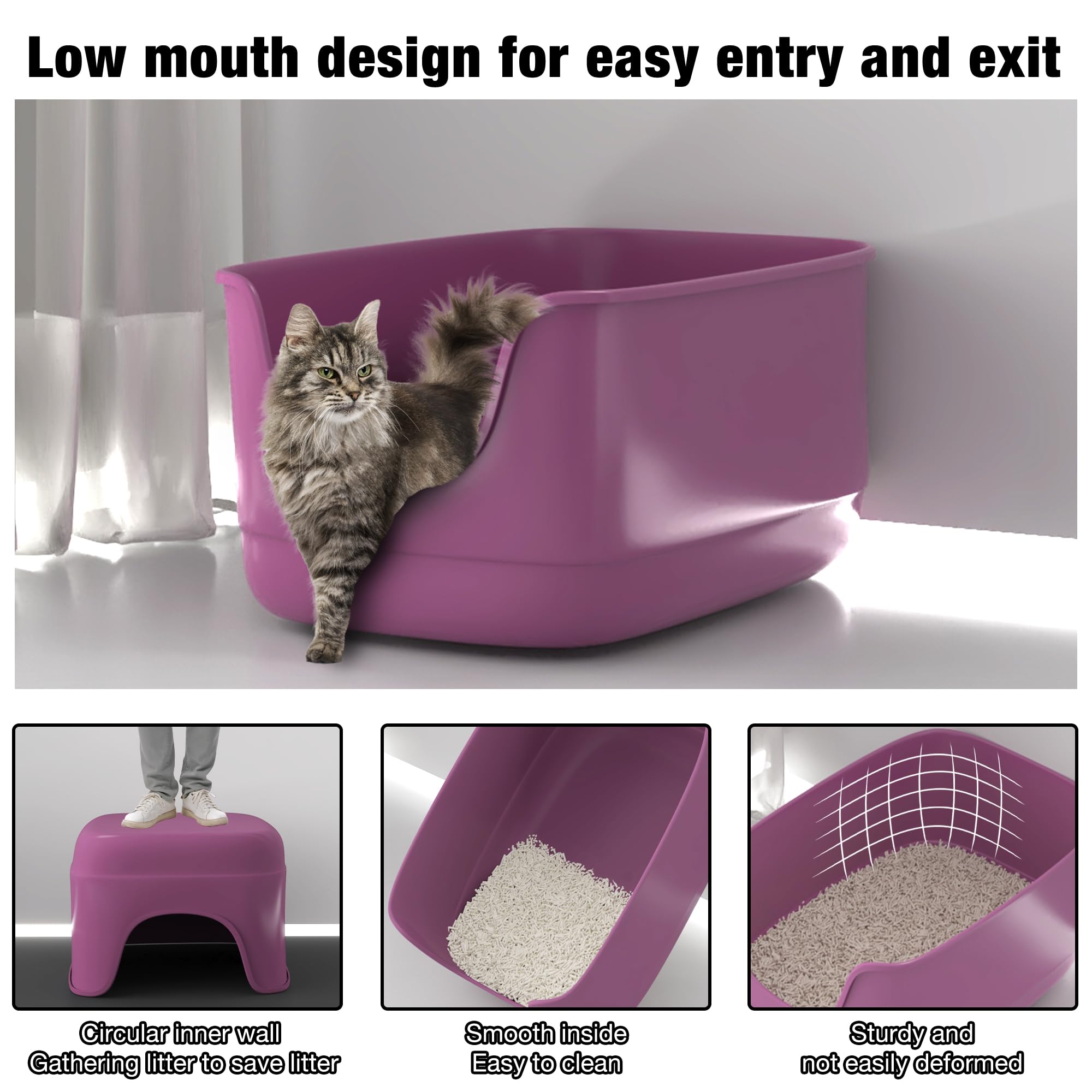 Suhaco Bac à Litière Haut pour Chat Anti-éclaboussures Grande Litière Ouverte 61 x 48 x 31 cm pour Petits Chats Bac à Litière à Entrée Basse (Violet XL)