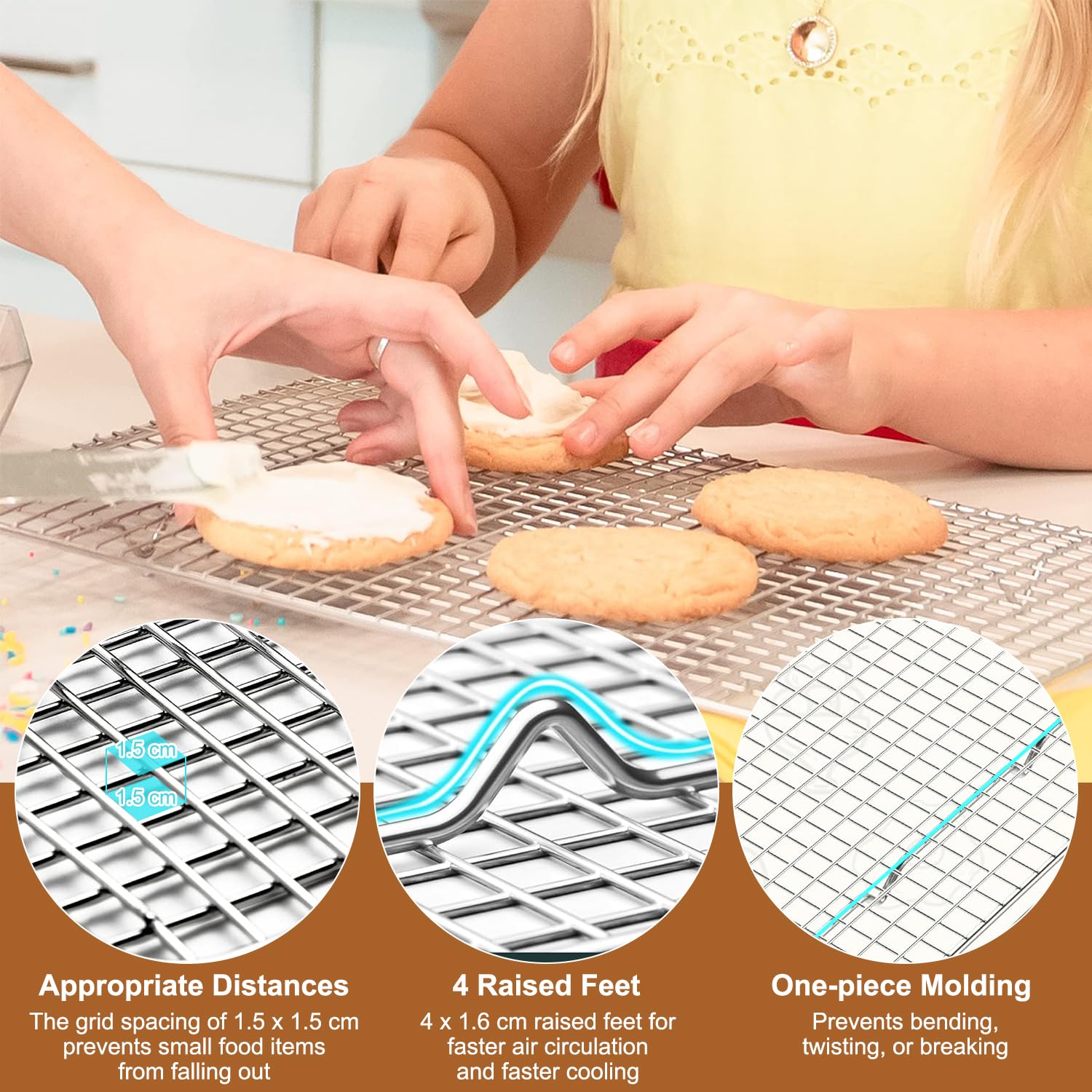 3 Piezas Rejilla para enfriar de Acero Inoxidable, 40,5 x 25,4 x 1,6 cm Rejilla para Enfriar Pasteles, Apta para Lavavajillas, Rejillas de Enfriamiento para Hornear,para Hornearenfriar, Asar, Hornear - 4