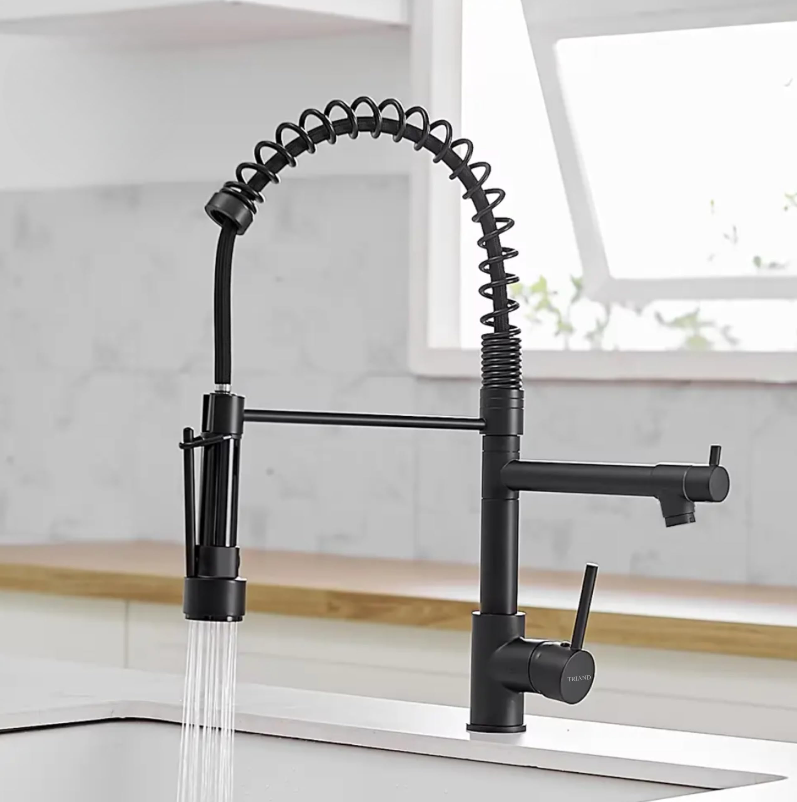 Triand 304 SUS Spring Kitchen Faucet Pull Down Tap, Dual Spout with 3 Handles, 360° Rotating Hot Cold Water Mixer, Water Saving Design, Matte Black Finish, Heavy Duty Modern Sink (Dual Tap Black)-image-9