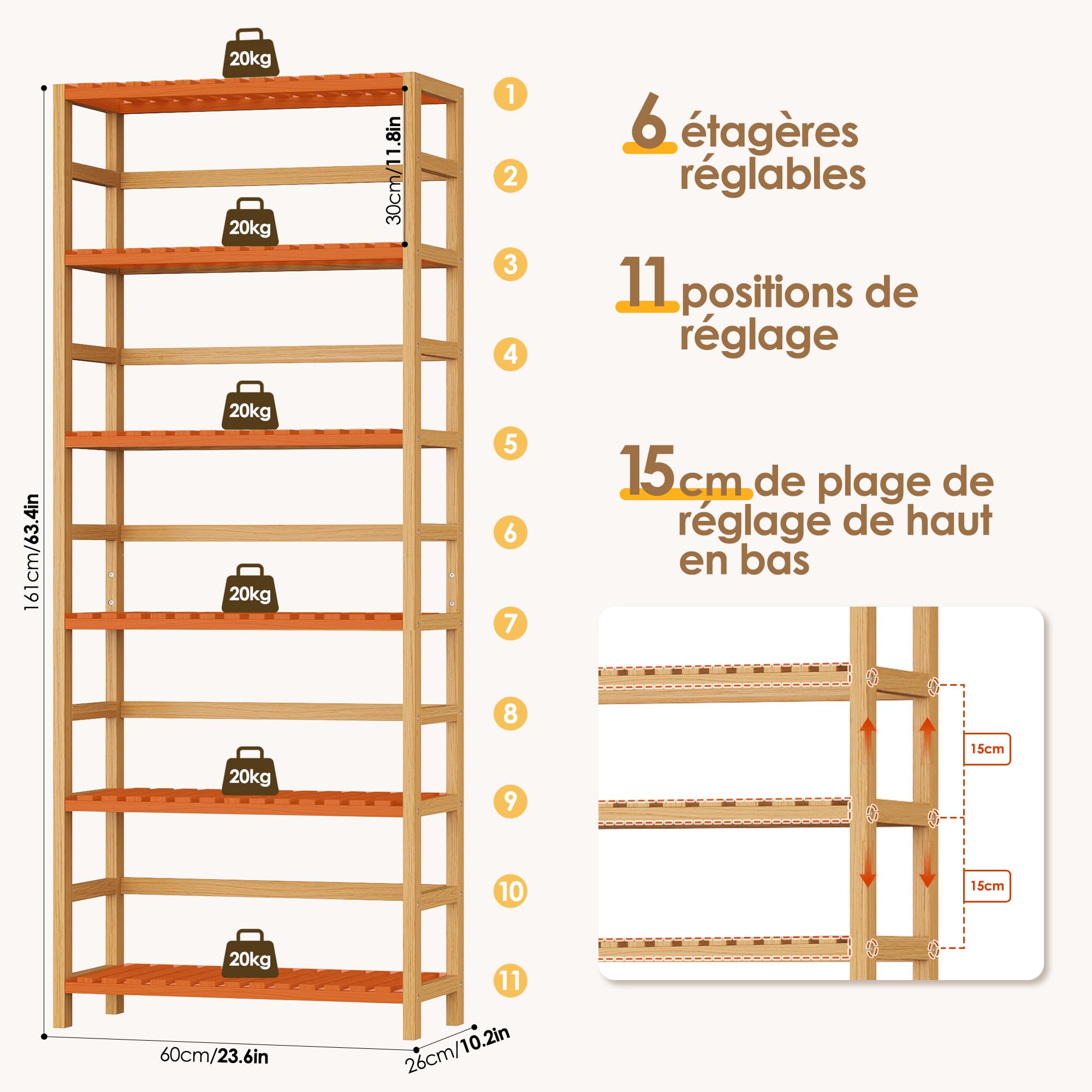 FOREHILL Étagère Salle de Bain en Bambou, 60x26x161cm,Chêne