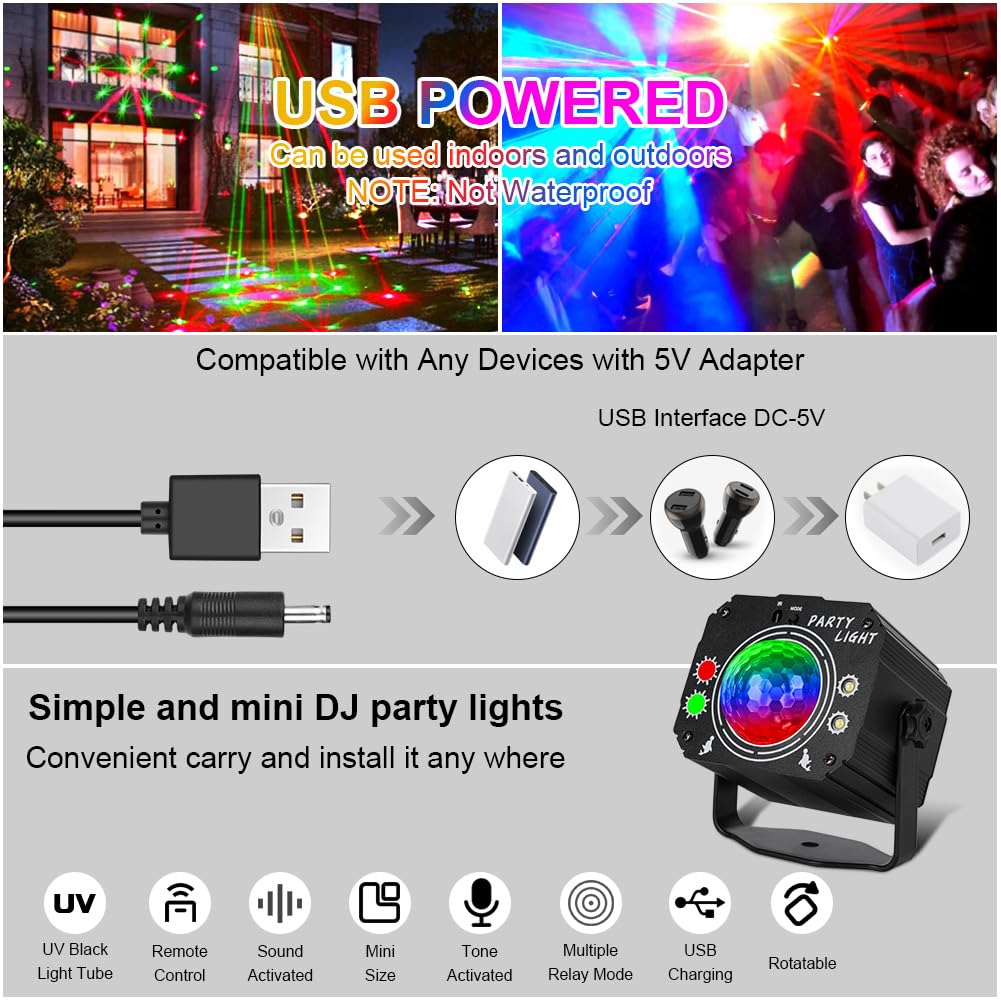 URAQT Luces de Discoteca, Luces de Fiesta, 60 Modos Luz Discoteca RGB Giratoria 360°, Luces Discoteca con Cable USB 2M y Control Remoto Inalámbrico para Casa,Fiesta, Cumpleaños, Bar, Navidad