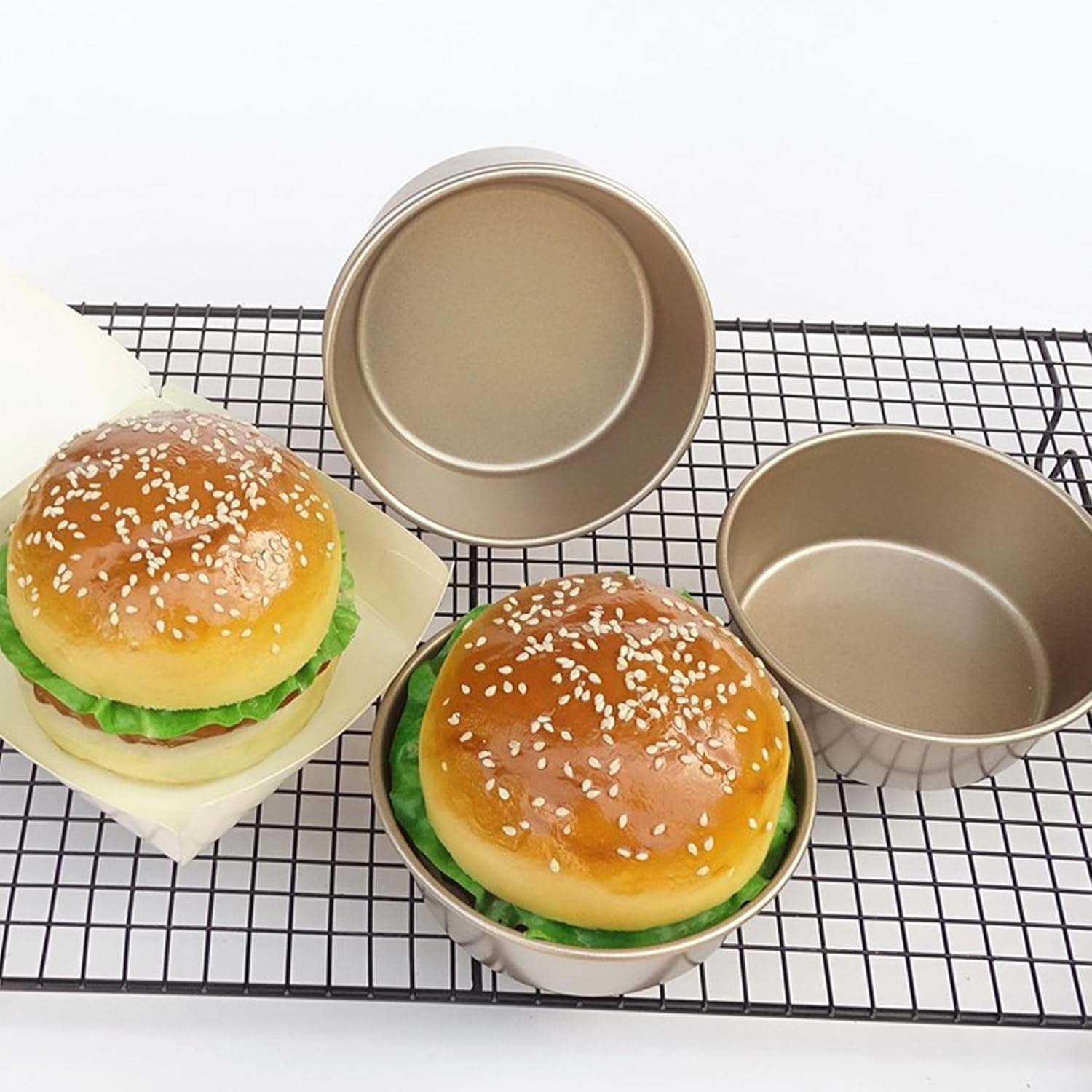 4 Inch Hamburger Bun Bread Mold, 4 Pcs Nonstick Cake Pans for Baking, Carbon Steel Reusable Small Air Fryer Cake Baking Mold Bakeware for Hamburger,Kugelhopf,Jumbo Muffin,Mini Pie – Gold 4 Inch Hamburger Bun Bread Mold, 4 Pcs Nonstick Cake Pans for Baking, Carbon Steel Reusable Small Air Fryer Cake Baking Mold Bakeware for Hamburger,Kugelhopf,Jumbo Muffin,Mini Pie – Gold
