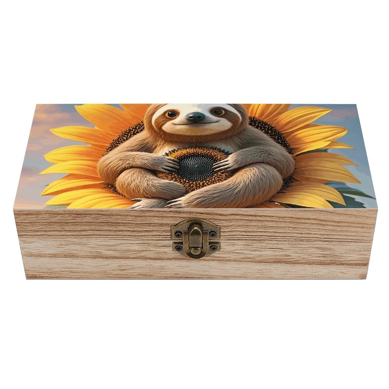 Sloth Sitting on Sunflower Wooden Keepsake Box Storage Boxes with Hinged Li