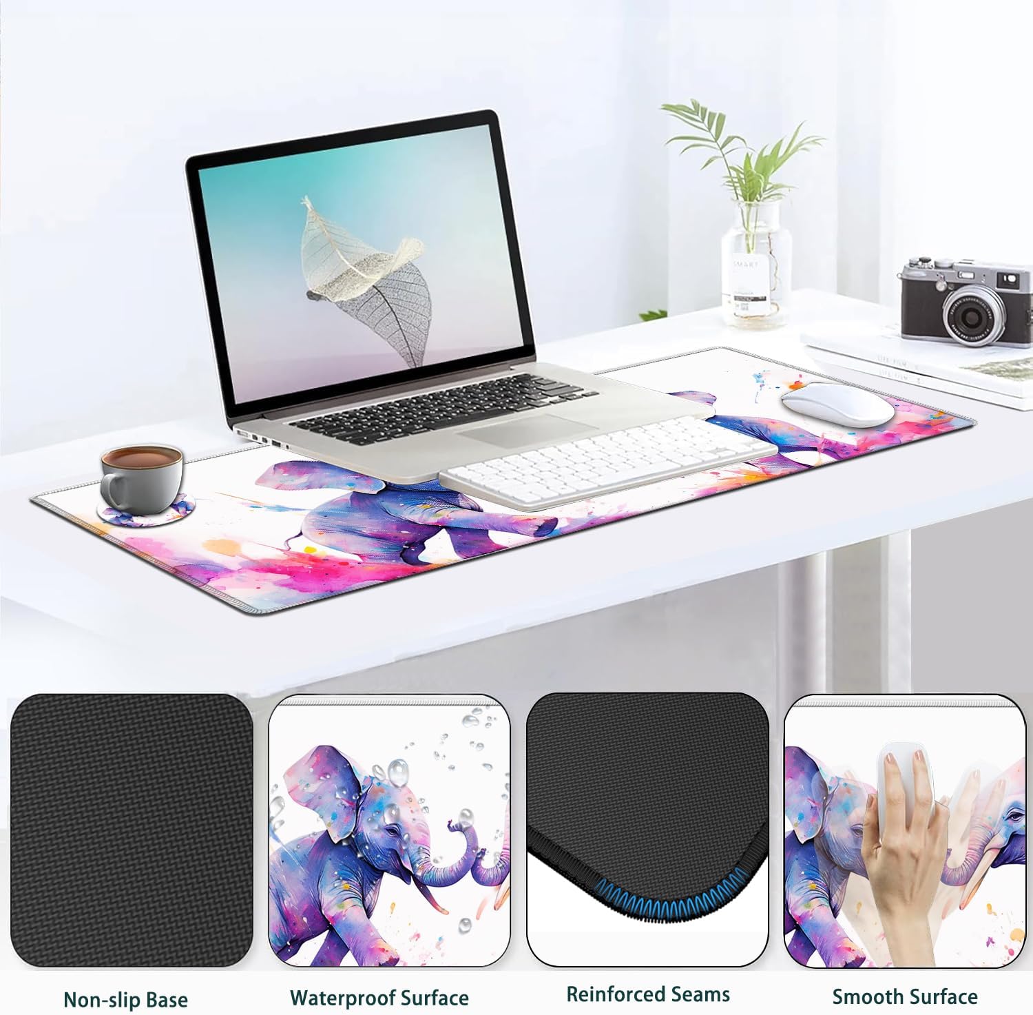 JVGFYNKL Large Gaming Mouse Pad Set, Ergonomic Memory Foam Keyboard Wrist Rest Support + Mouse Wrist Rest + Extended Desk Mat with Non-Slip Rubber Base, Painted Cute Elephant Pattern Black Desk Pad