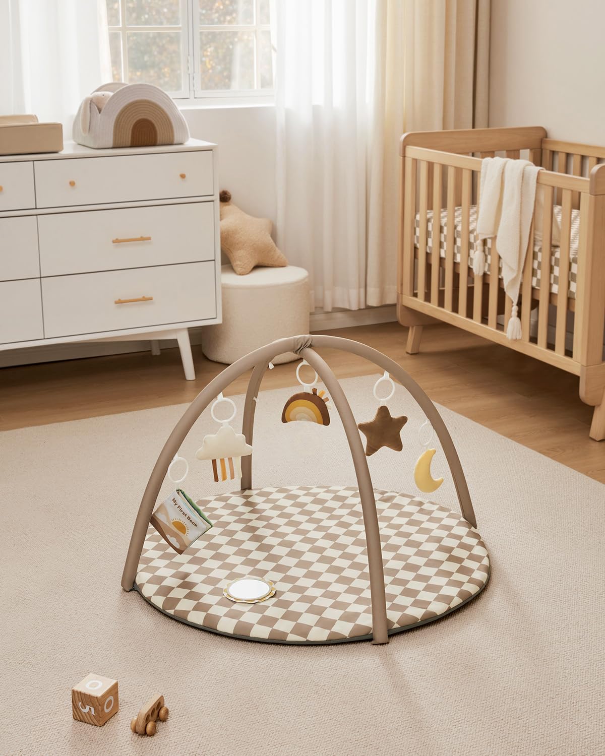 Blissful Diary Palestrina Neonato Con Arco Rimovibile, Palestrina Neonato Montessori Con 6 Giochi - Sviluppo Sensoriale E Motorio Progressivo, Regalo Per Neonati, Ragazze E Ragazzi, Tortora Quadri