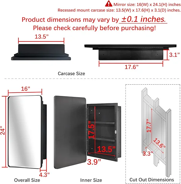 Fundin Plastic Black Medicine Cabinet, Beveled Edge Mirror Door with Round Corner Metal Frame, Recessed and Surface Mount Bathroom Medicine Cabinet, 16 x 24 inch Mirror Size