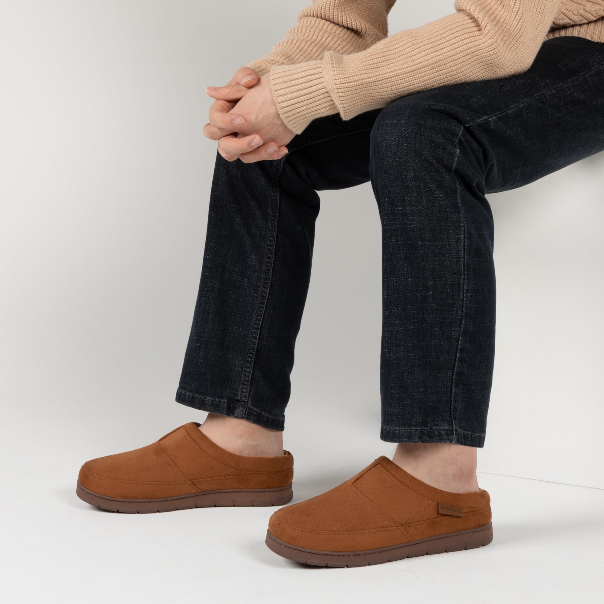 RockDove Men's SoftStride Faux Suede Memory Foam Mule Slipper with Indoor Outdoor Sole, Size 11-12 US Men, Tan