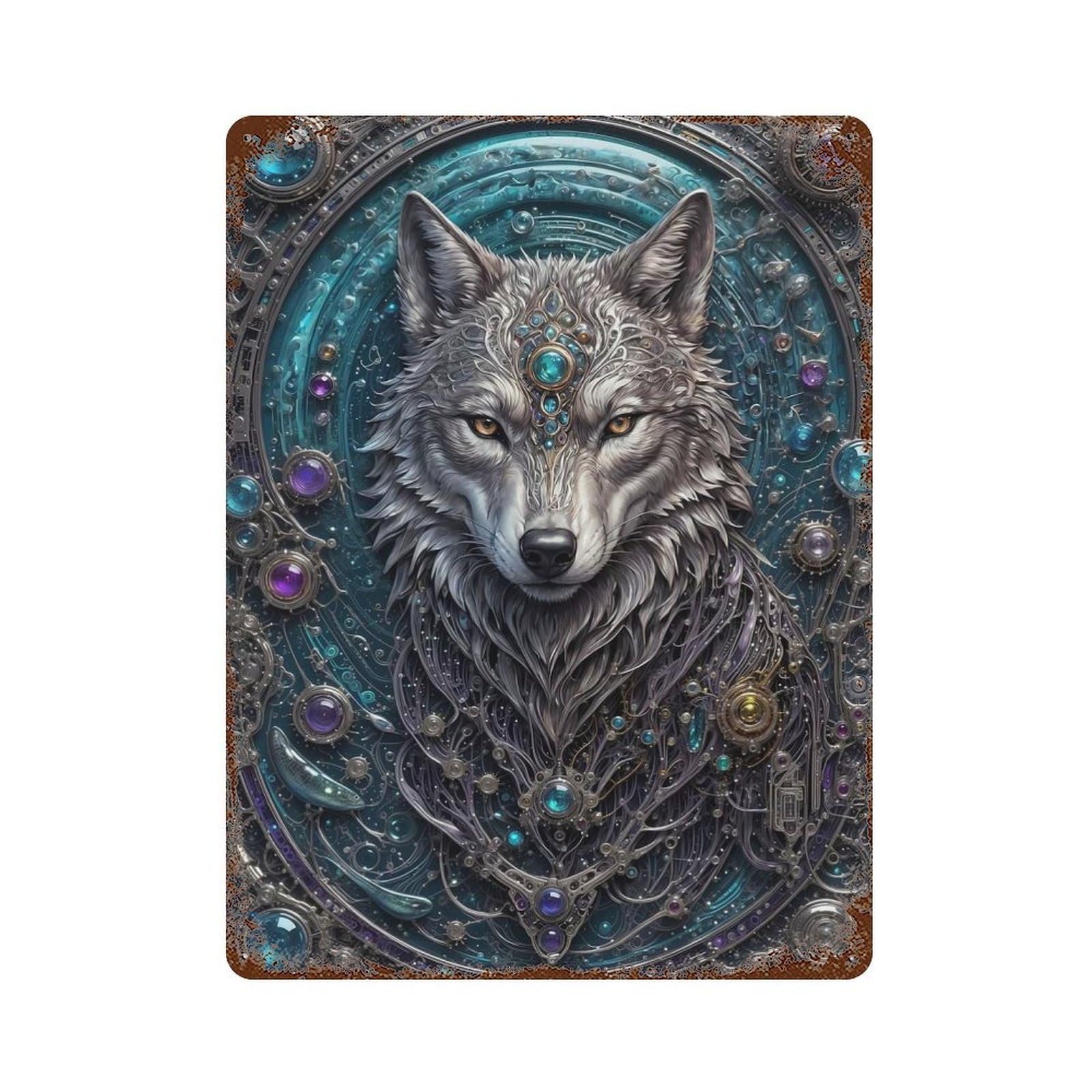 Garage Style Cybernetic Wolf Portrait Rusty Metal Tin Sign 15.7"x11.8", Classic Wall Plaque for Bar And Workshop