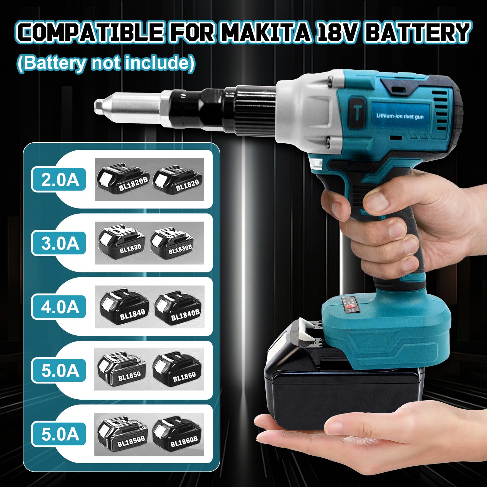 Pince à riveter sans fil Compatible avec Makita 18V batterie, Outil de rivetage électrique sans balai avec lumière LED pour rivets aveugles 2.4-5.0 mm (Sans Batterie)