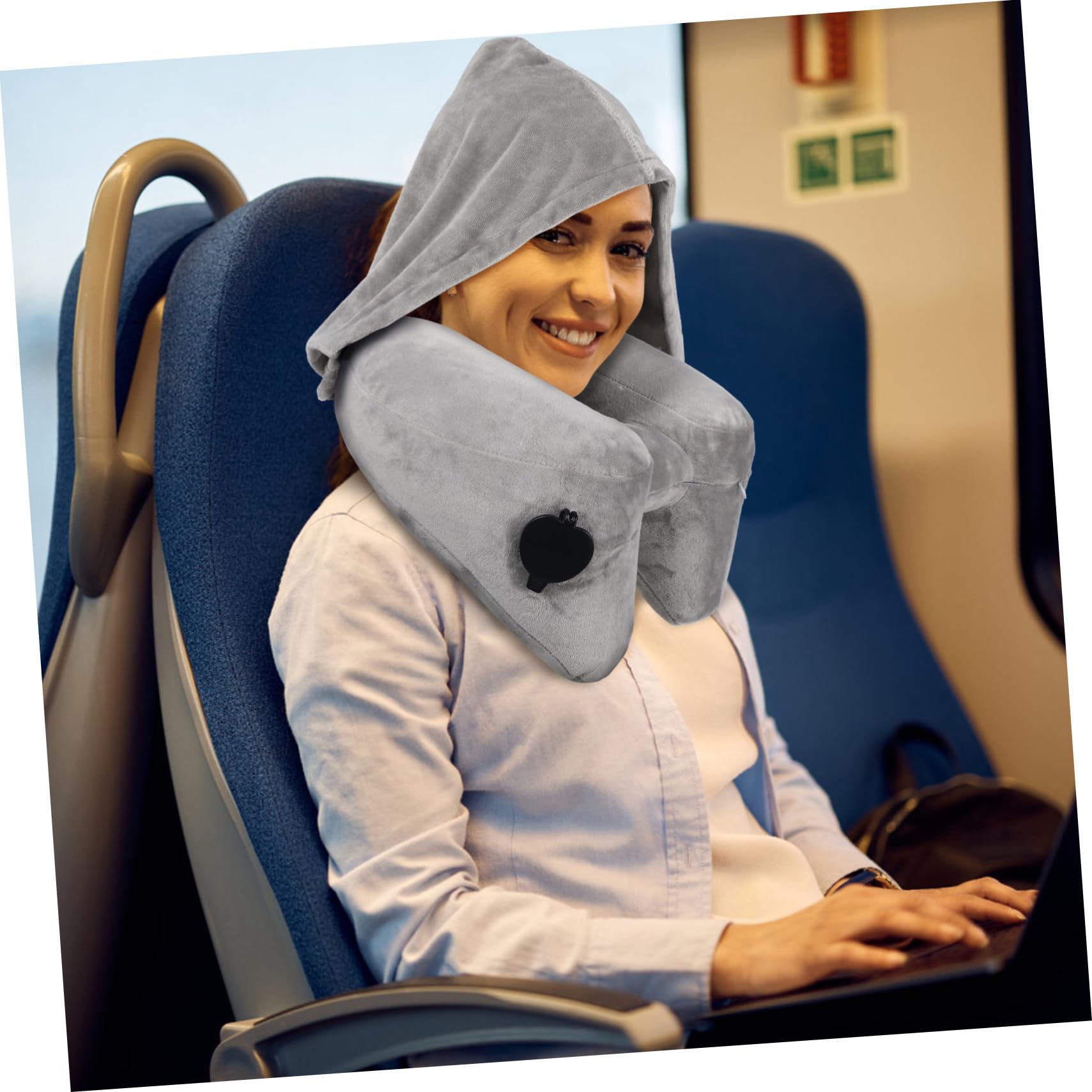 Almohada De Viaje Inflable para El Cuello con Capucha Ajustable Ligera