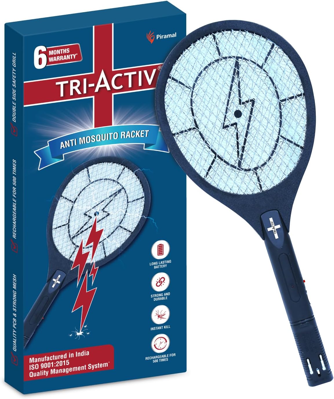 Tri-Activ Anti Mosquito Bat | 6 Months Warranty | Rechargable Upto 500 Times | Mosquito Killer Racket | Insect Killer & Fly Swatter | Long Lasting Battery |ISO Certified | Pack of 1