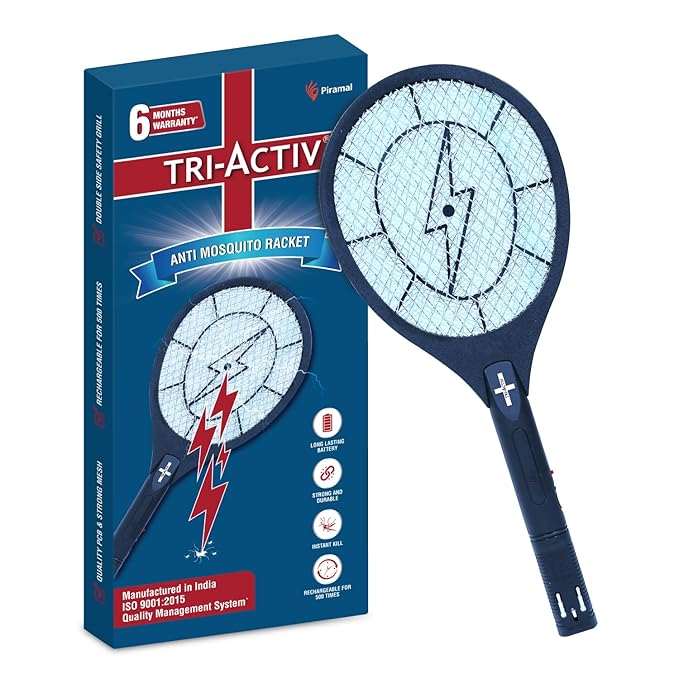 Tri-Activ Anti Mosquito Bat | 6 Months Warranty | Rechargable Upto 500 Times | Mosquito Killer Racket | Insect Killer & Fly Swatter | Long Lasting Battery |ISO Certified | Pack of 1
