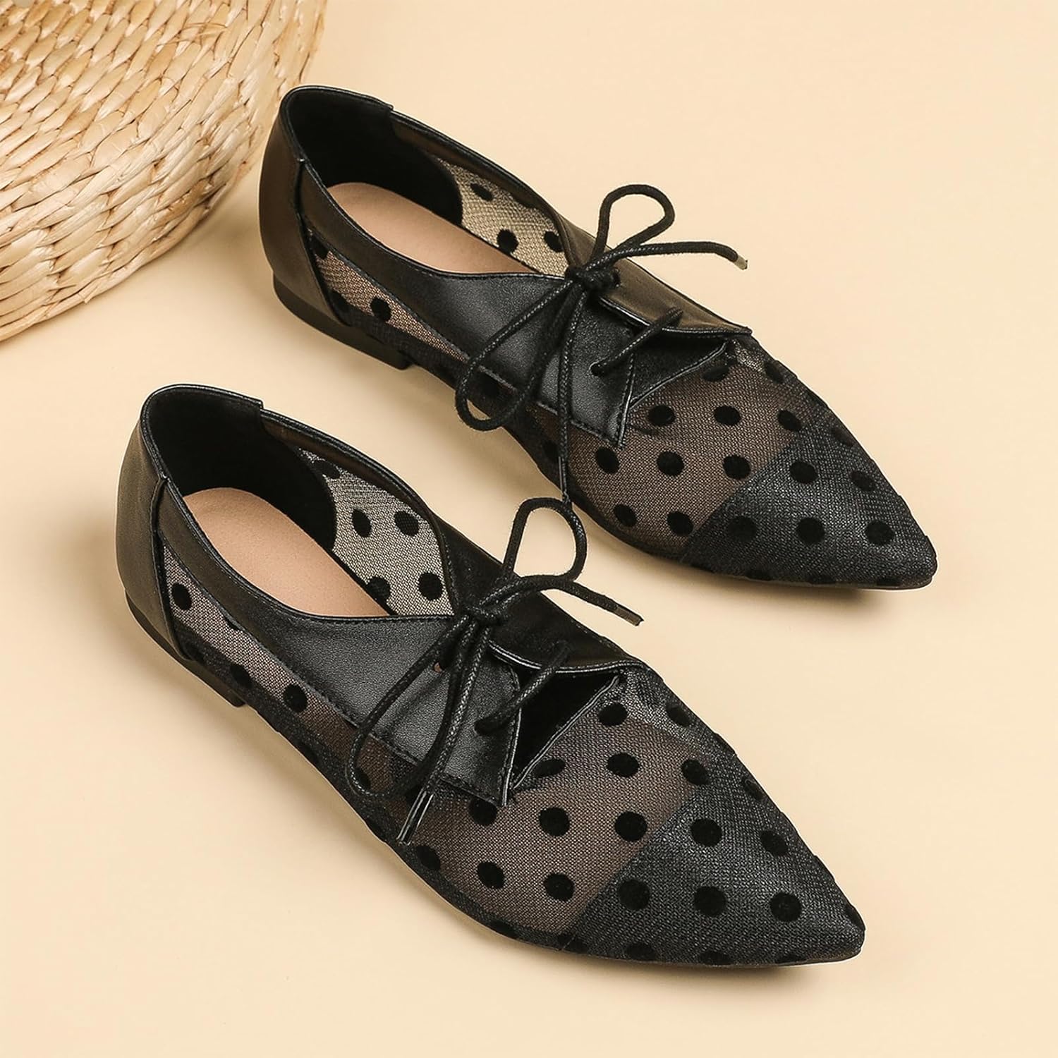 Hopomart Women's Mesh Polka Dots Breathable Pointed Toe Casual Shoes Fashion Lace Up Comfort Lightweight Slip On Flat Ballet Shoes - Image 2
