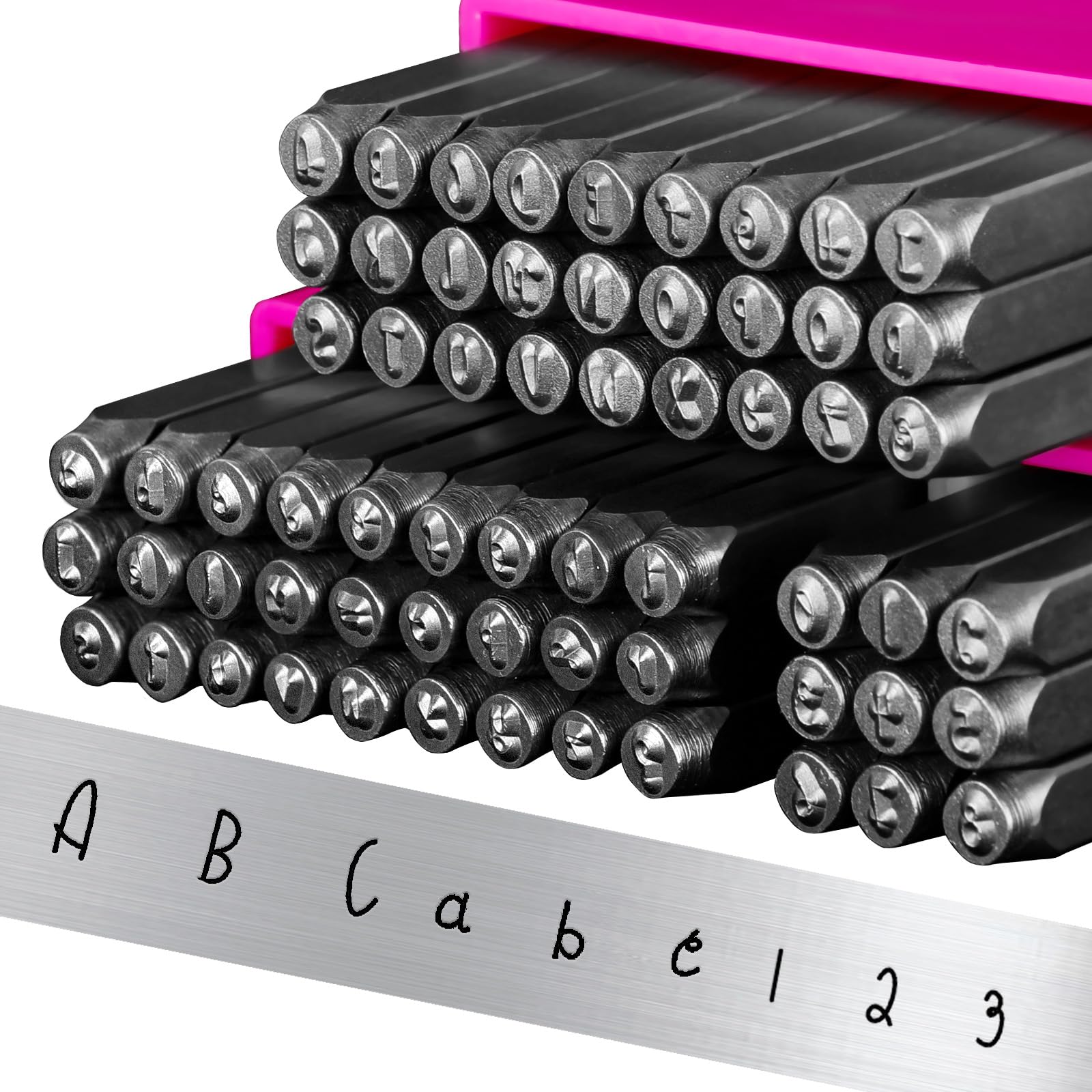 Kit de estampado de metal de 63 piezas, fuente artística de 3 mm, sellos de metal para hacer joyas, juego de sellos de números y letras (A-Z, A-Z, A-Z, 0-9) con estuche de almacenamiento
