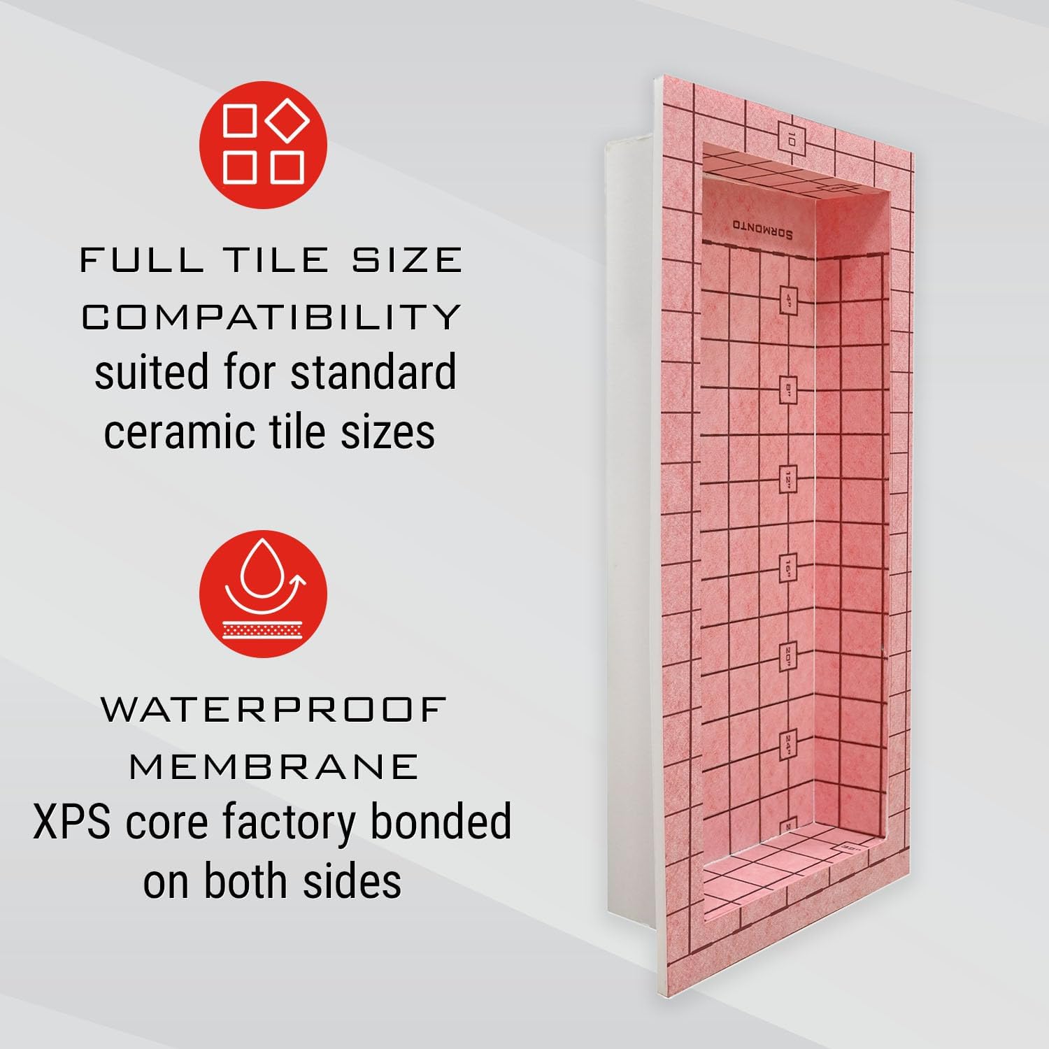 GURU USA W-S Shower Niche, Waterproof Membrane with Pre-Sloped Base, Waterproofing Panel System for Bathroom Walls, 12” x 28”