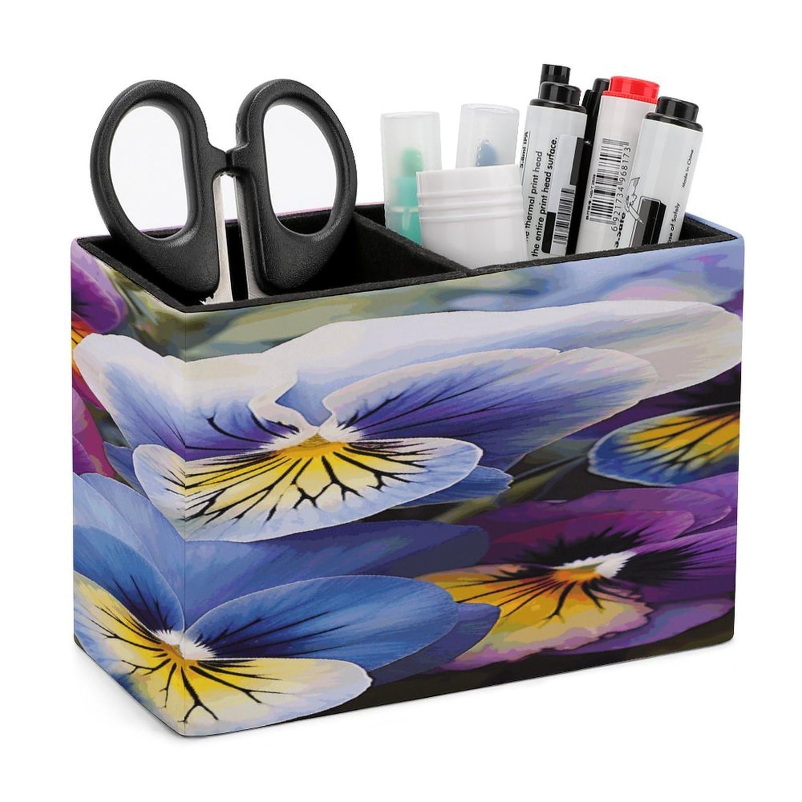 FodPand Pansy Perfection Leather Pen Holder for Desk Organizers Caddy Pencil Holder Multi-function Pen Organizer Large Makeup Brush Holders Pencil Cup for Home Office Storage Box
