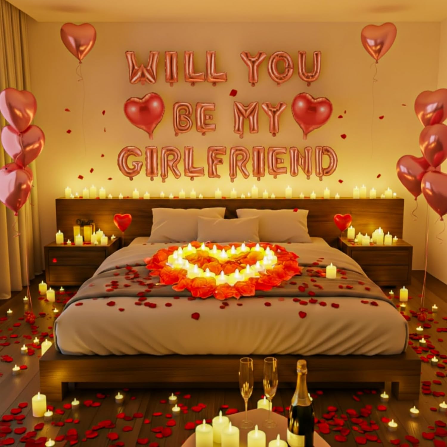 HyDren 18" Will You Be My Girlfriend Balloons Letters Kit Include Heart Shaped Balloons and LED Tealight Candles with Rose Petals Romantic Girlfriend Proposal Kit Valentines Day Decorations(Rose Gold)