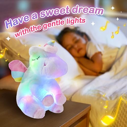 Miniatura 3 de Athoinsu Animal de peluche musical de unicornio con luces LED de noche, canción de cuna, brillante, día del niño, cumpleaños, día de San Valentín,