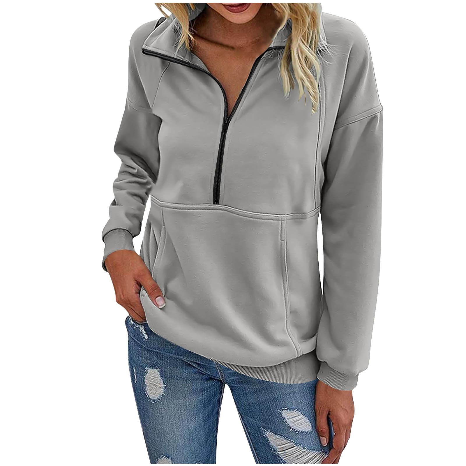 Sudadera Mujer Sin Capucha Cuello V Sudaderas Casual con Media Cremallera Color Sólido Holgados Jersey Manga Larga Otoño Invierno Sweatshirt de Forro Polar Camiseta Informal Básico Pullover Tops