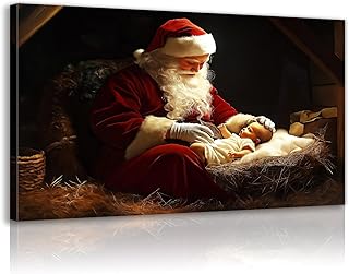 OAAPITI Christmas Santa Claus Canvas Wall Art The Nativity of Jesus Pictures Santa with Baby Jesus Painting Classic Religious Artwork for Living Room Bedroom(Artwork-3,12"x18")