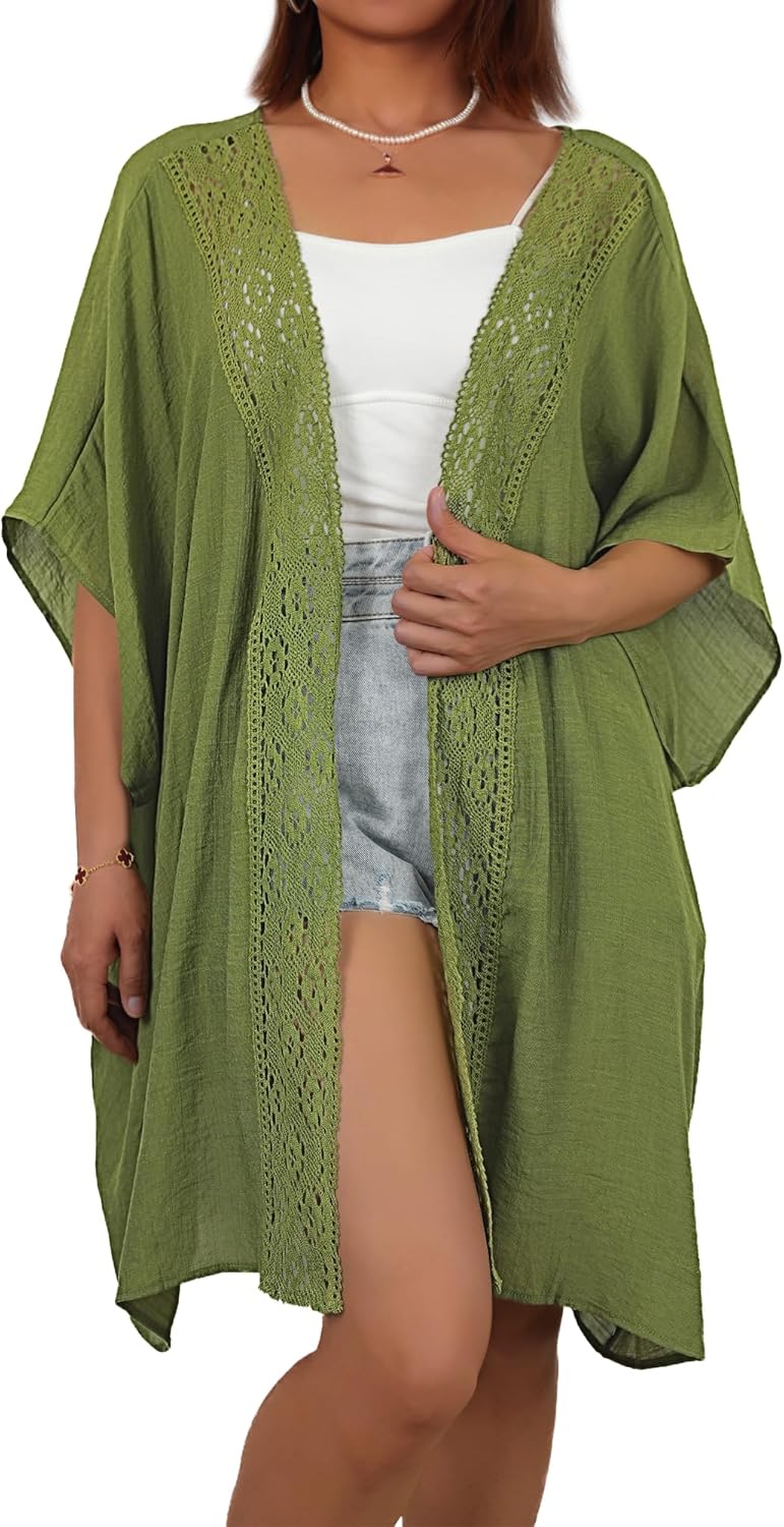 Bsubseach Women Chiffon Kimono Cardigan Beach Cover Up Lace Swimsuit Coverup Open Front Casual Summer Tops