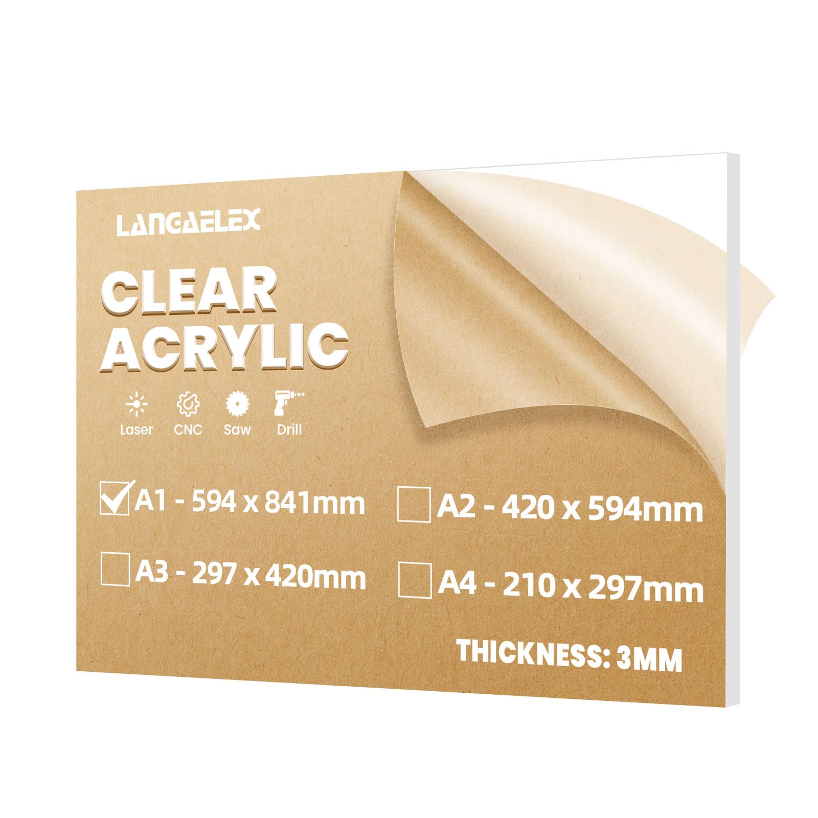 A1 Clear Cast Acrylic Sheet 594 x 841 mm, 3 mm Thick Plexiglass Perspex Sheet cut to Size for Laser Engraving, Wedding Sign, DIY and Crafts Project