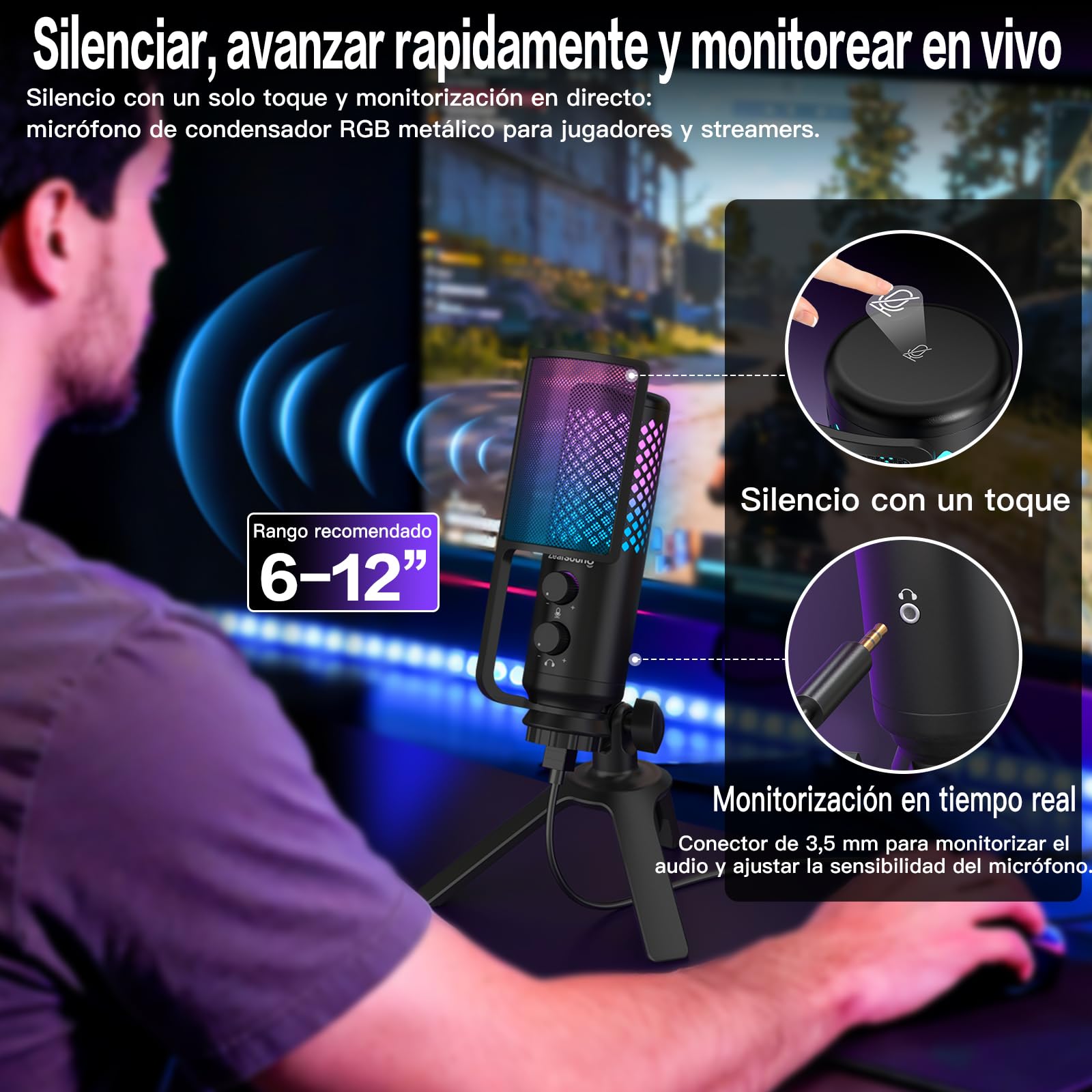 ZealSound Micrófono para Gaming para PC: micrófono USB de construcción metálica con botón de silencio, ideal para podcast, streaming, estudio, reuniones/clases online y grabaciones de audio, Mac y PS5