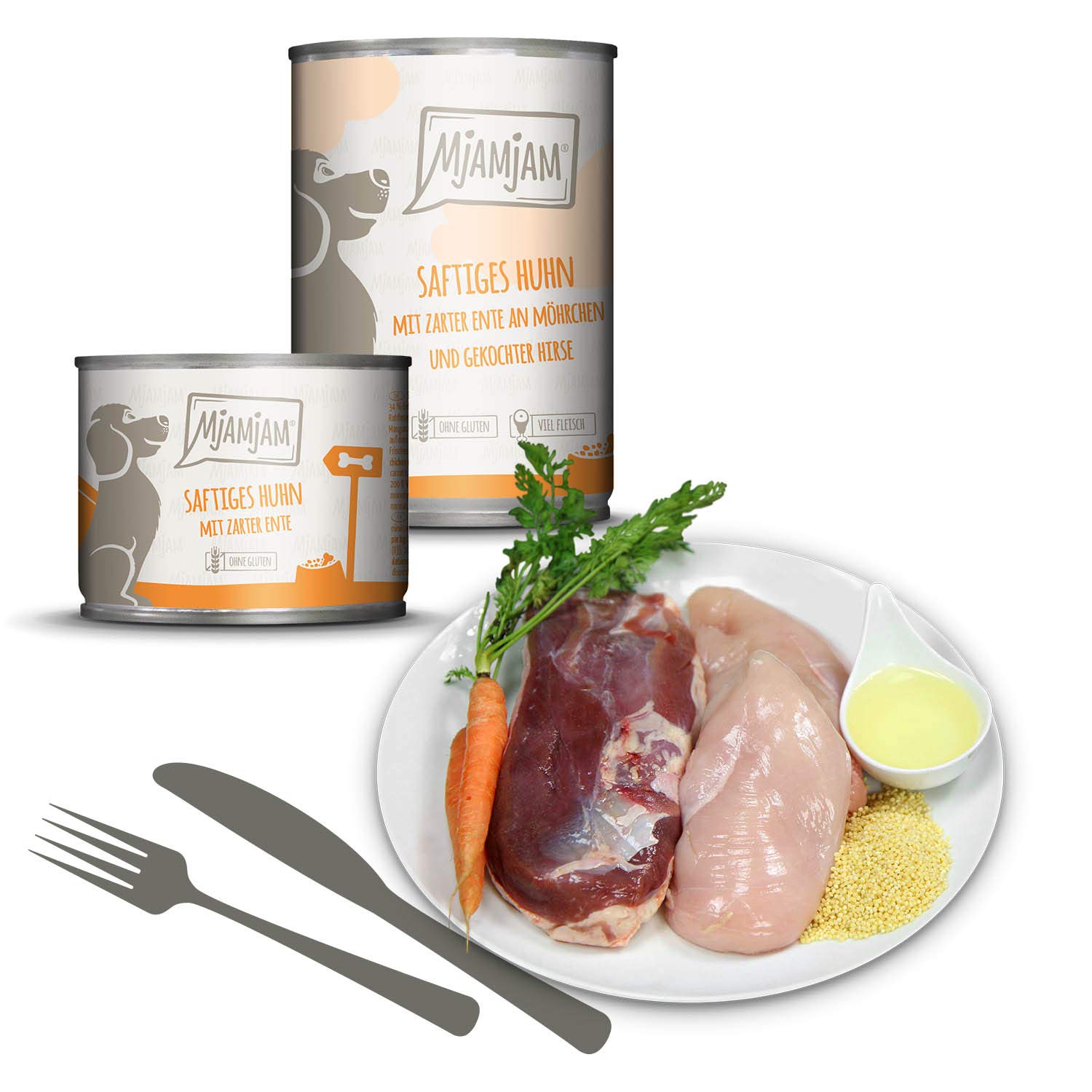 MjAMjAM - cibo umido premium per cani - confezione mista I - pollo e anatra, manzo, tacchino, confezione da 6 (6 x 200 g), naturale con carne extra