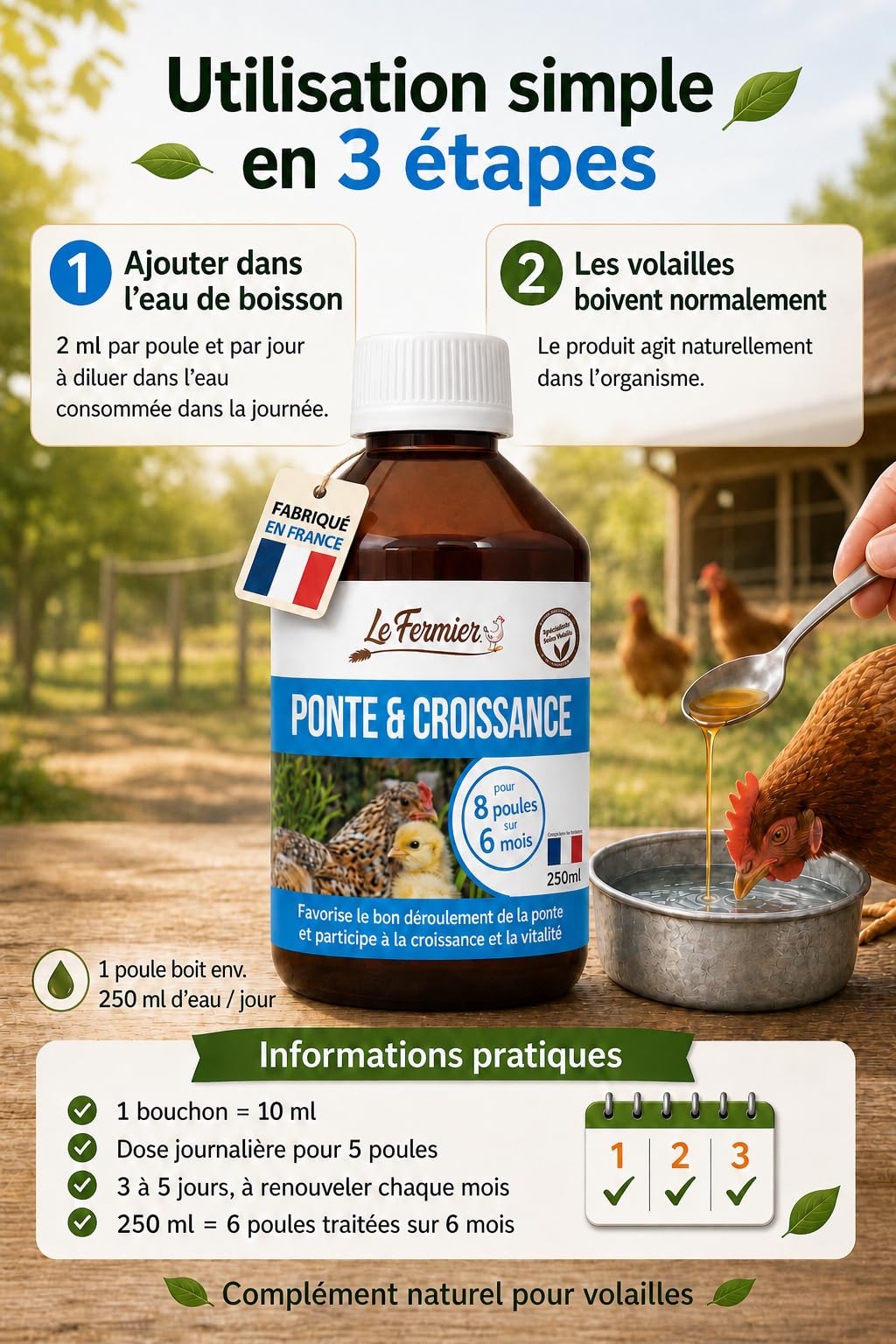 Ponte & Croissance 250 ML – Complément Alimentaire Liquide pour Poules & Volailles – Favorise la Ponte et Le Développement – sans Risque pour Les Œufs – Solution Buvable