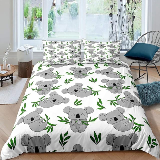 Kids Cute Koala Decor Bedding Set Toddler Cartoon Animal Duvet Cover Set for Kids Boys Girls Botanical Branches Comforter Cover Lovely Gray Quilt Cover Bedroom Collection 2Pcs Single Size