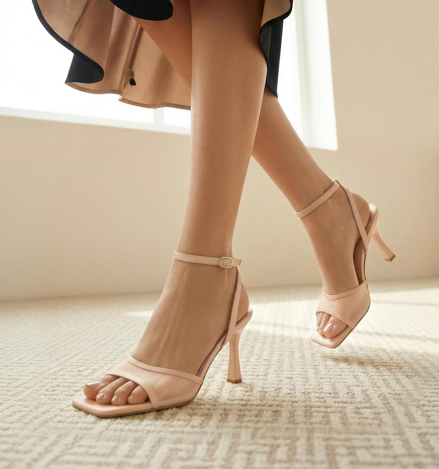 Ankis Black Nude Heels Strappy Open Toe Heel for Women High Heels Mesh Stiletto Heeled Sandals Wedding Party Dress Shoes 3IN - Image 2