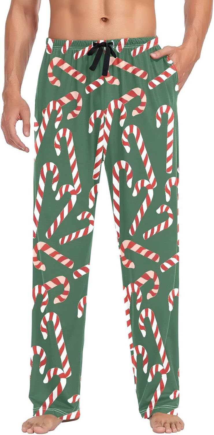ALAZA Candy Cane Christmas Men's Pajama Pants Men Cotton Pajama Bottoms with Pockets, S
