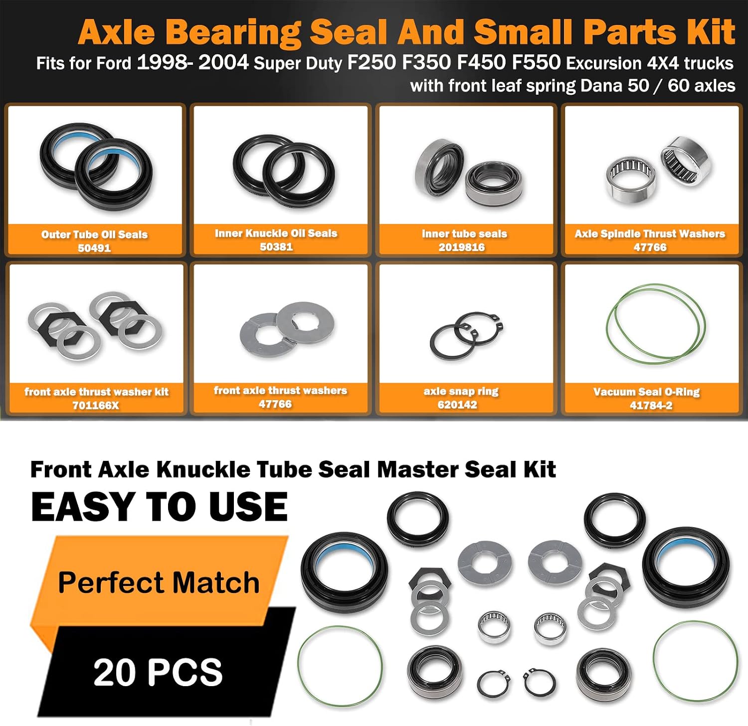 Outer Axle Knuckle Tube Dust Seal & Inner Tube Seal & Snap Ring & Needle Bearing & Thrust Washer Seals Kit Fits for Ford 1998-2004 Super Duty Excursion F250 F350 F450 F550 with Dana 50 60 Front Axle