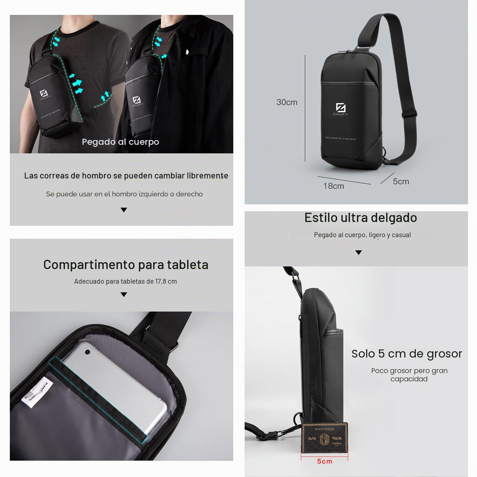 ZhaoCo Bolsos Cruzados para Hombre, Bolsa de Pecho Pequeña Moda Ligero para Ciclismo Vacaciones Fiesta Viaje Casual Negro