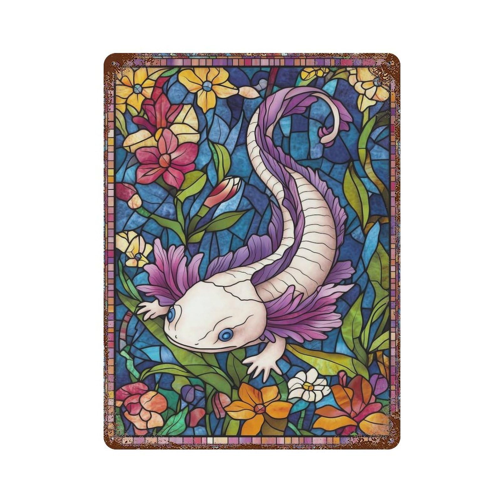 Distressed Metal Wall Sign Stained Glass Axolotl 15.7"x11.8", Vintage Wall Decor for Cafe, Home Bar And Lounge Decor