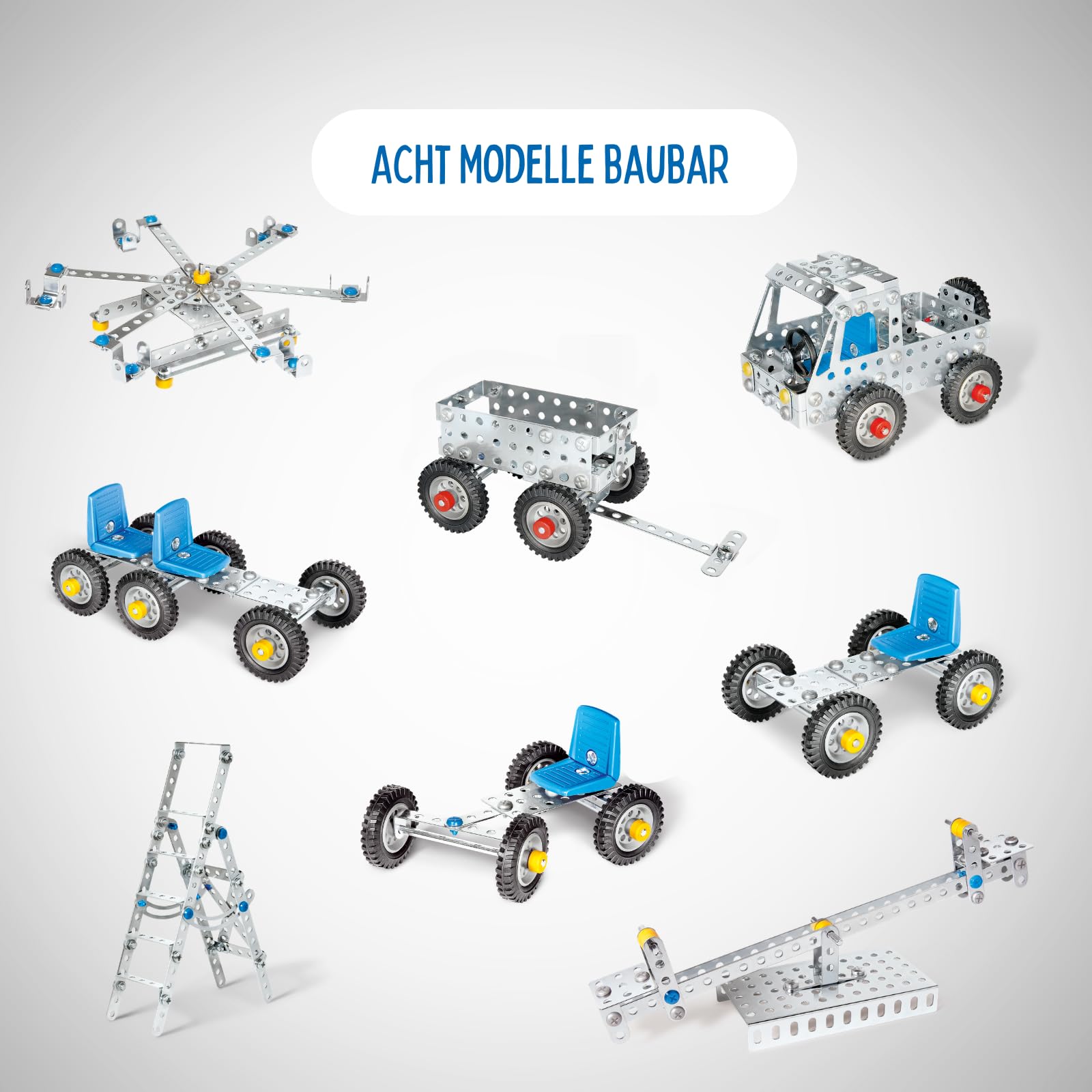 eitech Basisbaukasten - Metallbaukasten 00006, 8-in-1 Set mit 270 Teilen | Konstruktionsspielzeug, Modellbau Kinder 8 9 10 Jahre, Geschenk Mädchen Junge, Montessori Baukasten, Metall Baukasten