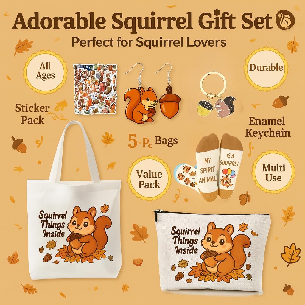 Squirrel Gifts Set Includes Squirrel Funny Gifts Sock, Makeup Bag, Stickers,Earrings
