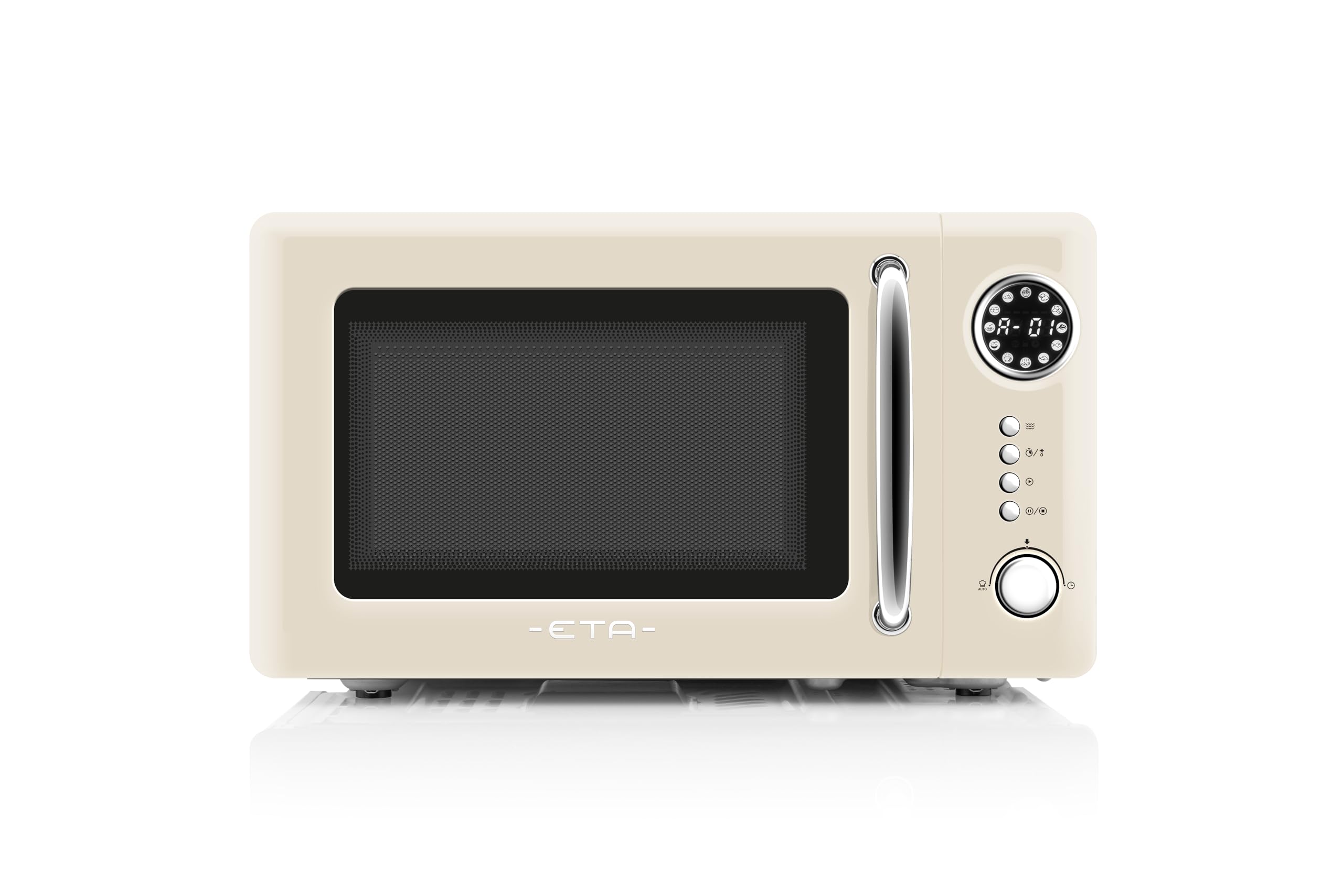 ETA Mikrowelle Storio I freistehend I 20 L I 700 W I 12 Automatikprogramme I Auftauen I 24.5 cm I Drehteller I Edelstahl-Innenraum I Timer I Kindersicherung I Beige