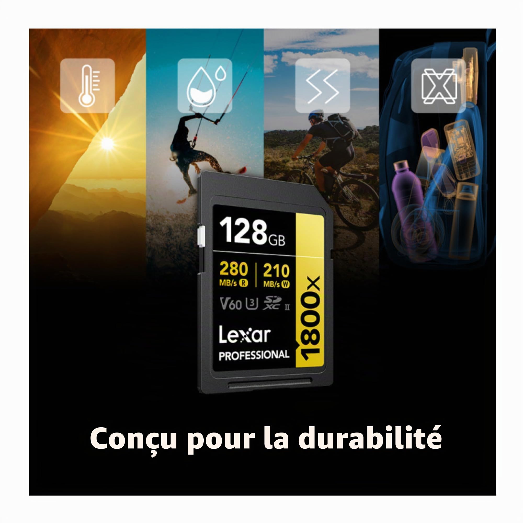 Lexar Carte mémoire professionnelle 128 Go 1800x UHS-II SDXC (série Gold) | Transfert de données haute vitesse et enregistrement vidéo 4K avec vitesse de lecture de 280 Mo/s, évaluation V60 et capacité
