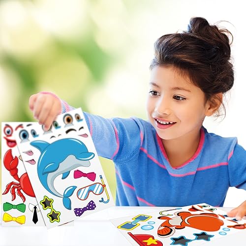 Miniatura 5 de Sinmoe 48 hojas de calcomanías oceánicas para niños pequeños, hacer una cara, animales marinos, juegos bajo el mar, fiestas de cumpleaños,