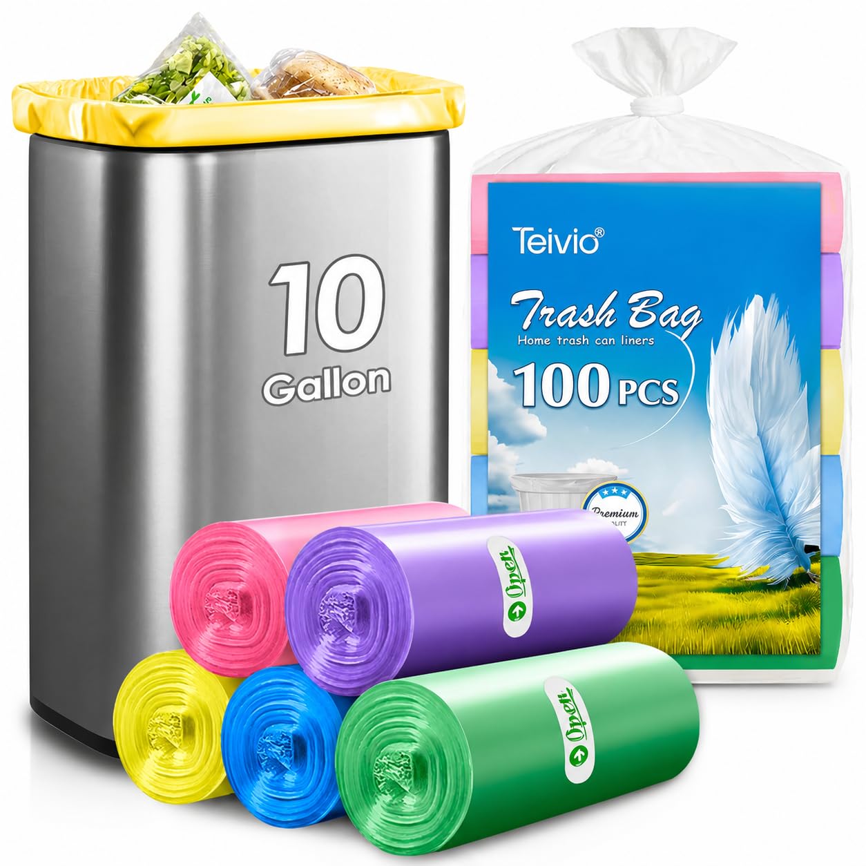 Teivio, sacchetti per la spazzatura da cucina, 120 pezzi, trasparenti, colorati, di medie dimensioni, per bagno, bidoni della spazzatura, sacchetti di plastica per casa, ufficio, cucina, multicolore