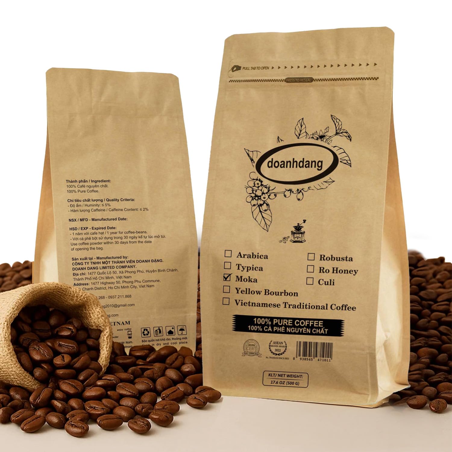 doanhdang - 17.6 Oz Premium Robusta Whole Bean Coffee, 100% Robusta Medium Roast, Rich Flavor for Espresso Shot and Brew, Origin from Vietnam, Whole Med Roast Beans