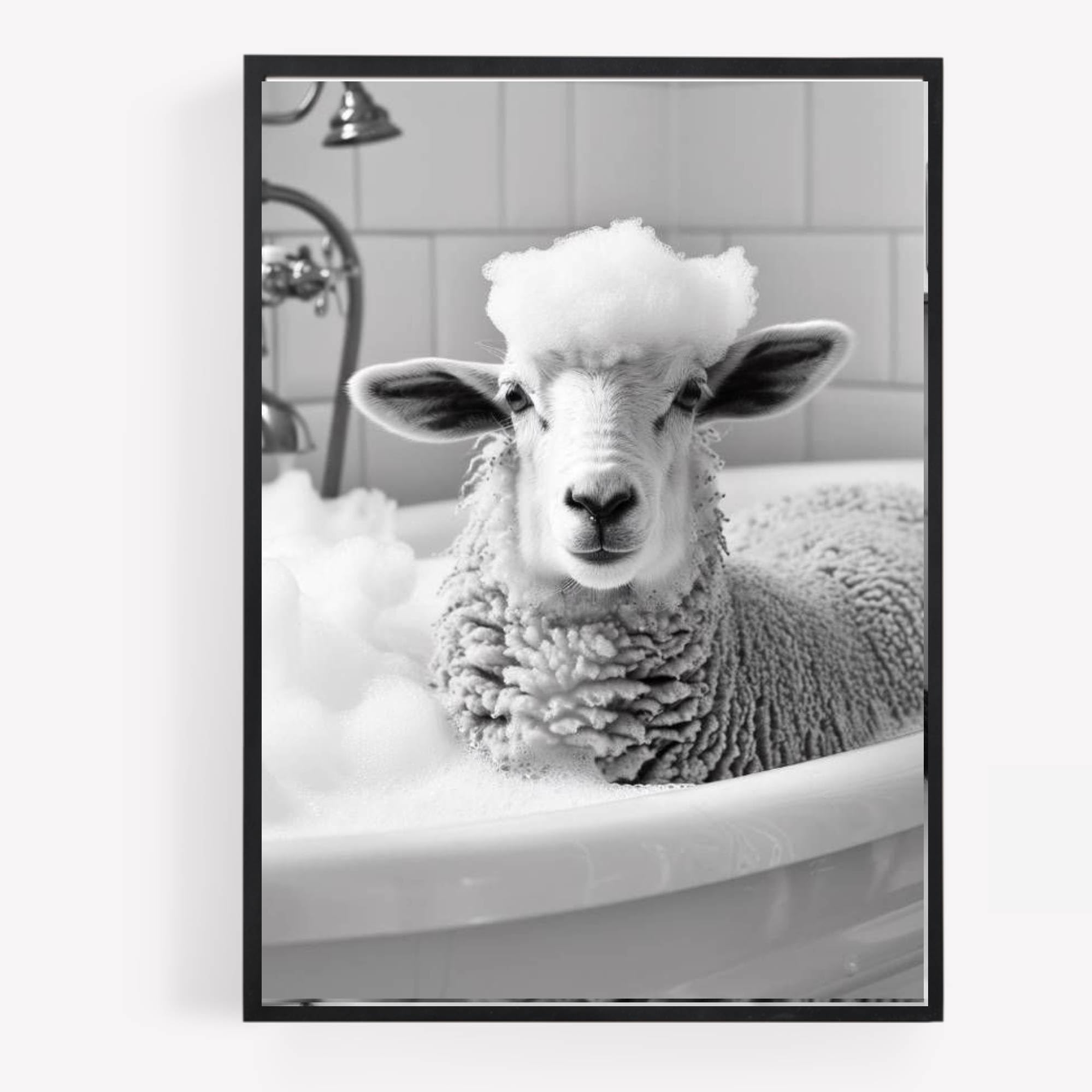Gfc Black White Funny Bathroom Sheep Lamb Taking A Bubble Bath A4 Unframed Print Picture Wall Art Home Decor Decorating