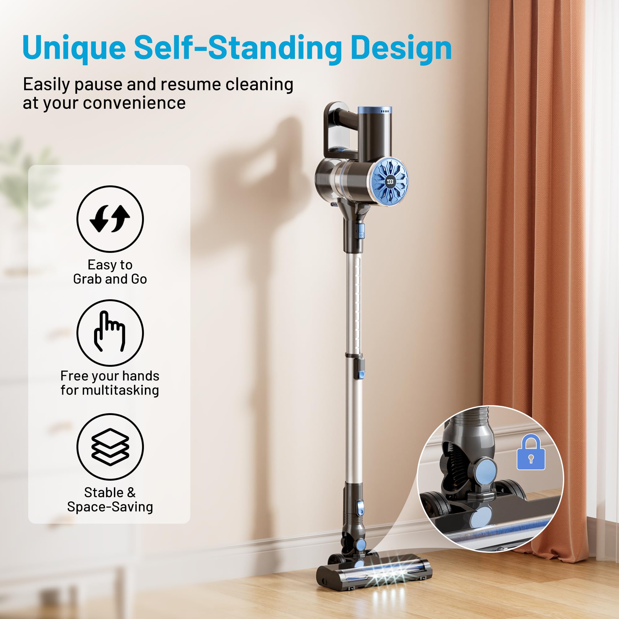 VIPSUN Cordless Vacuum Cleaner with Self-Standing, LED Screen Stick Vacuum Cleaners for Home, Lightweight Powerful Suction Vacuum, 6-in-1 Rechargeable Vacuum for Carpets, Pet Hair, Hardwood Floors - 2