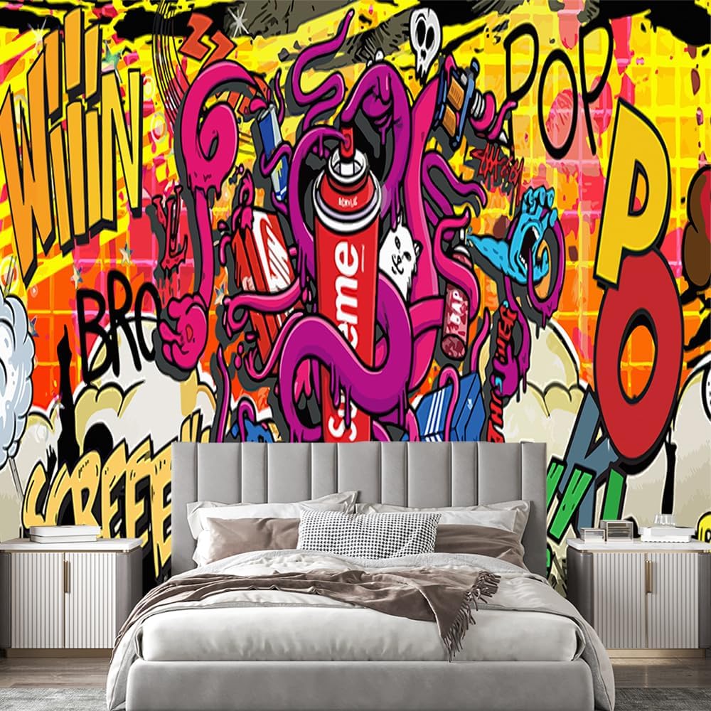 Custom 3D Creative Graffiti Peel and Stick Wall Mural - Modern Cartoon Style - Vinyl Material - Wall Surface - 90"W x 63"H